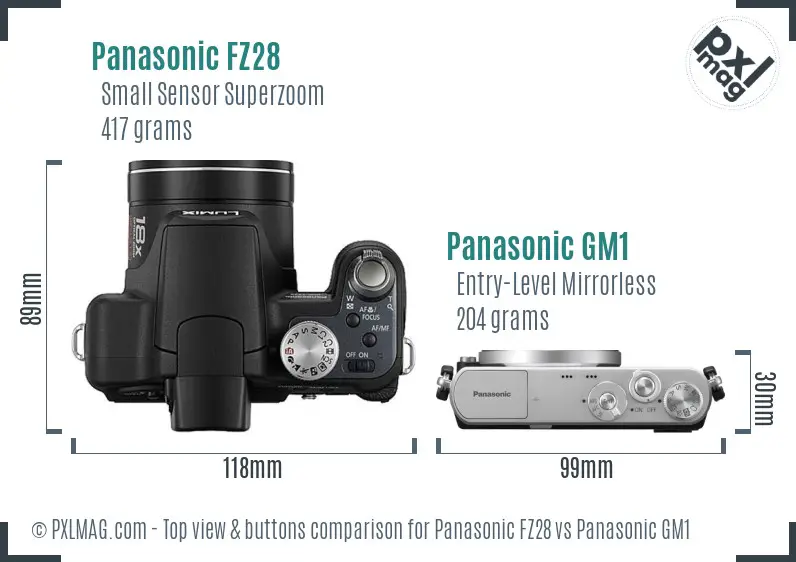 Panasonic FZ28 vs Panasonic GM1 top view buttons comparison