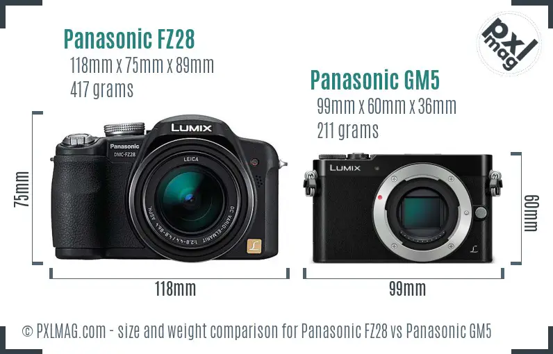 Panasonic FZ28 vs Panasonic GM5 size comparison