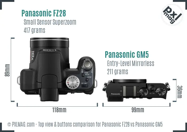 Panasonic FZ28 vs Panasonic GM5 top view buttons comparison