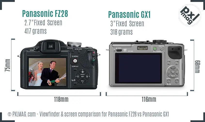 Panasonic FZ28 vs Panasonic GX1 Screen and Viewfinder comparison