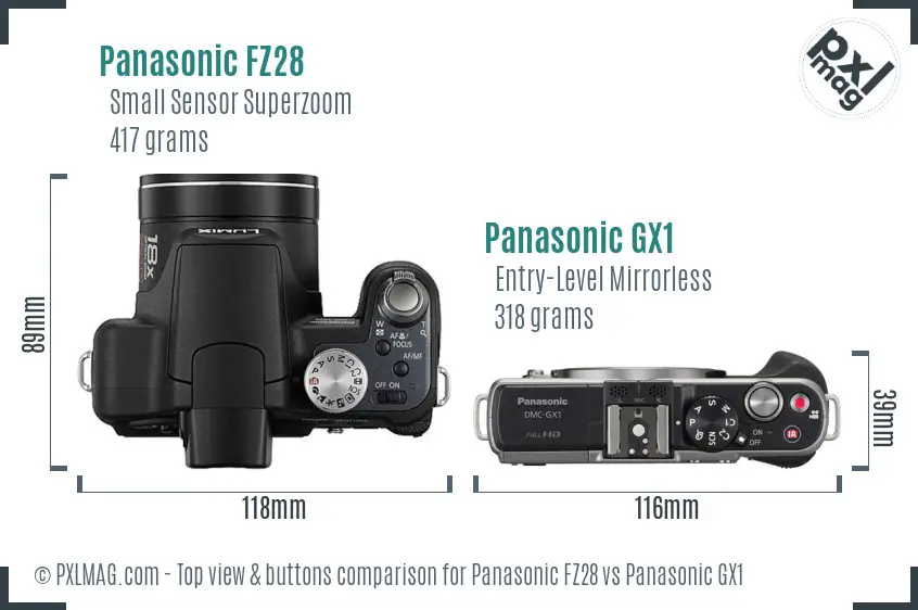Panasonic FZ28 vs Panasonic GX1 top view buttons comparison