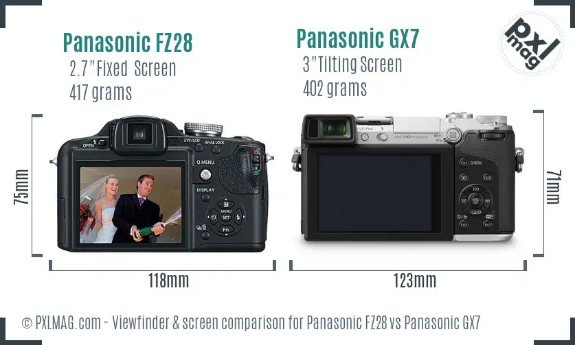 Panasonic FZ28 vs Panasonic GX7 Screen and Viewfinder comparison