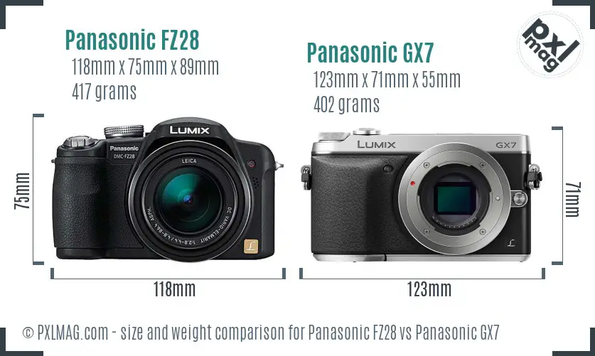 Panasonic FZ28 vs Panasonic GX7 size comparison