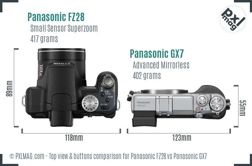 Panasonic FZ28 vs Panasonic GX7 top view buttons comparison