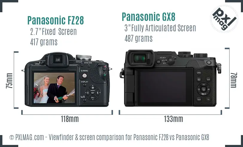 Panasonic FZ28 vs Panasonic GX8 Screen and Viewfinder comparison
