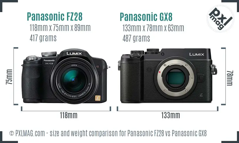 Panasonic FZ28 vs Panasonic GX8 size comparison