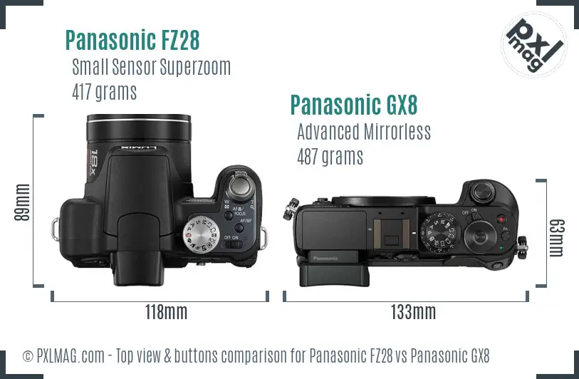 Panasonic FZ28 vs Panasonic GX8 top view buttons comparison