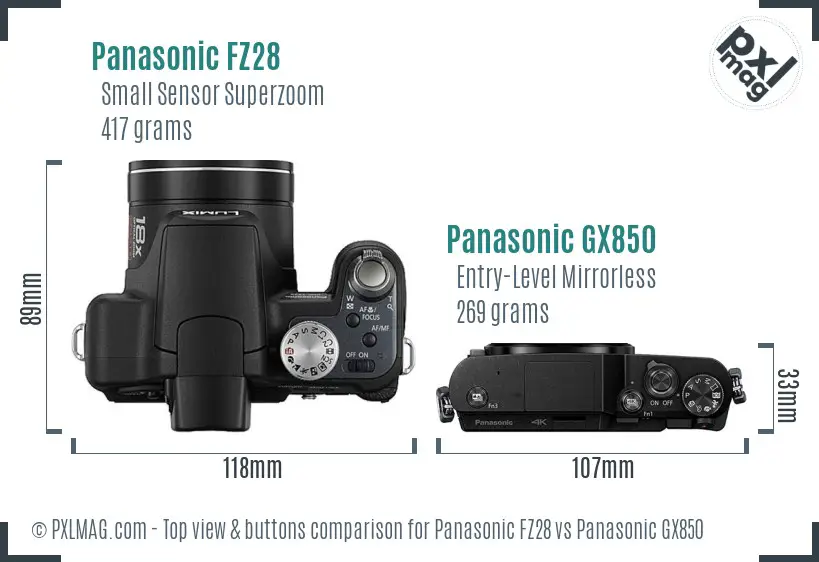 Panasonic FZ28 vs Panasonic GX850 top view buttons comparison
