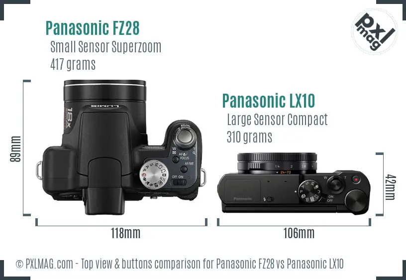 Panasonic FZ28 vs Panasonic LX10 top view buttons comparison