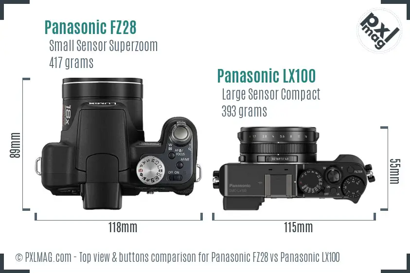 Panasonic FZ28 vs Panasonic LX100 top view buttons comparison