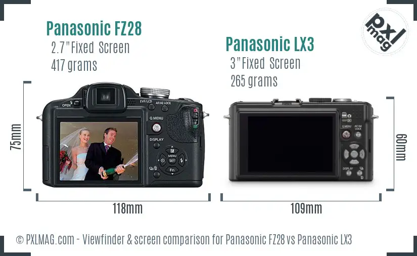 Panasonic FZ28 vs Panasonic LX3 Screen and Viewfinder comparison