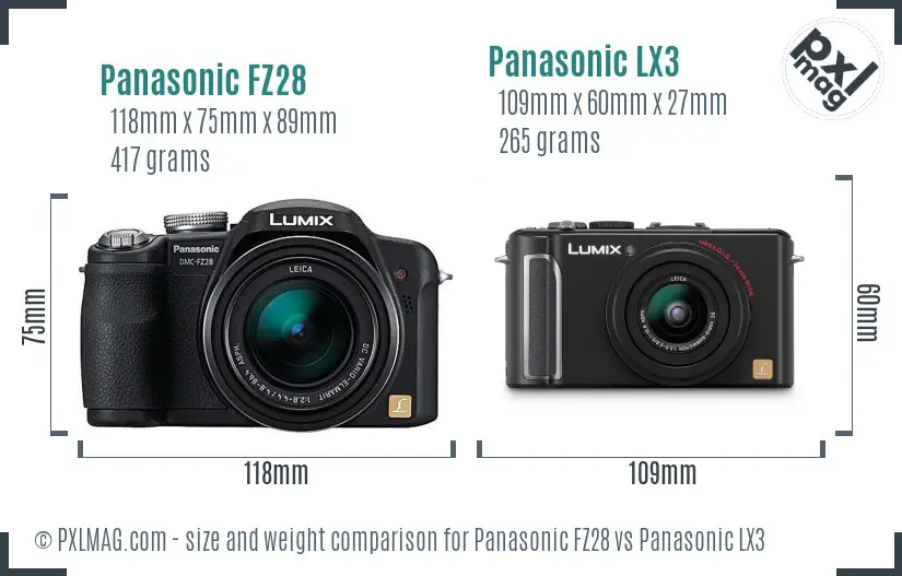 Panasonic FZ28 vs Panasonic LX3 size comparison