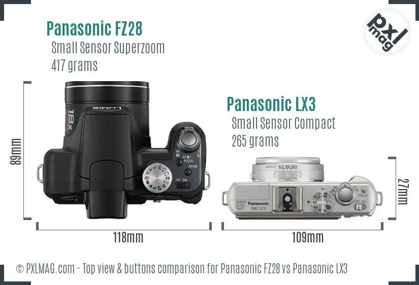 Panasonic FZ28 vs Panasonic LX3 top view buttons comparison