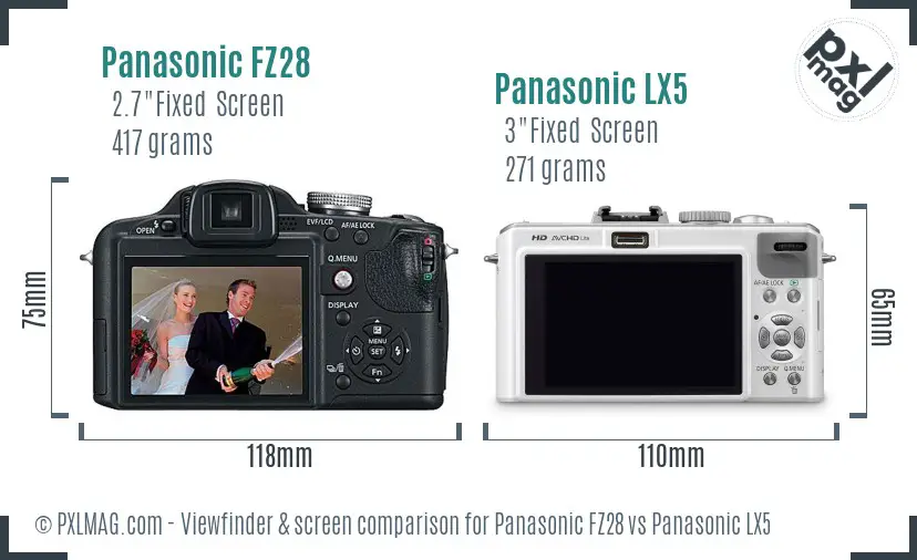 Panasonic FZ28 vs Panasonic LX5 Screen and Viewfinder comparison