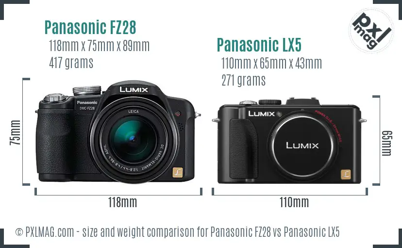 Panasonic FZ28 vs Panasonic LX5 size comparison