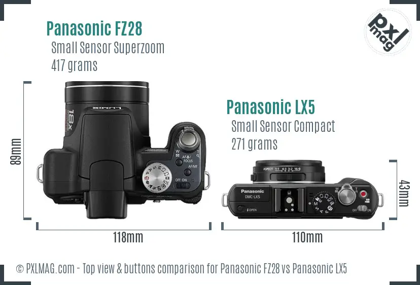 Panasonic FZ28 vs Panasonic LX5 top view buttons comparison