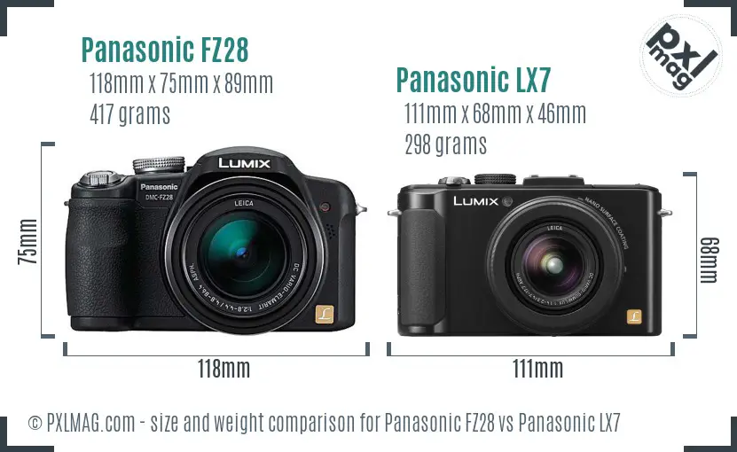 Panasonic FZ28 vs Panasonic LX7 size comparison