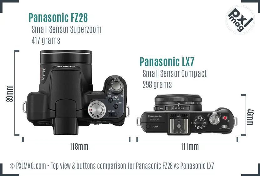 Panasonic FZ28 vs Panasonic LX7 top view buttons comparison