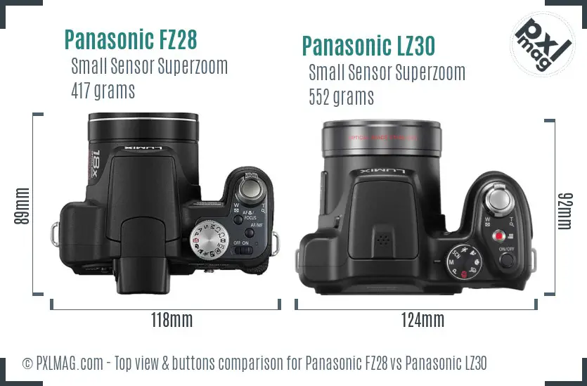 Panasonic FZ28 vs Panasonic LZ30 top view buttons comparison