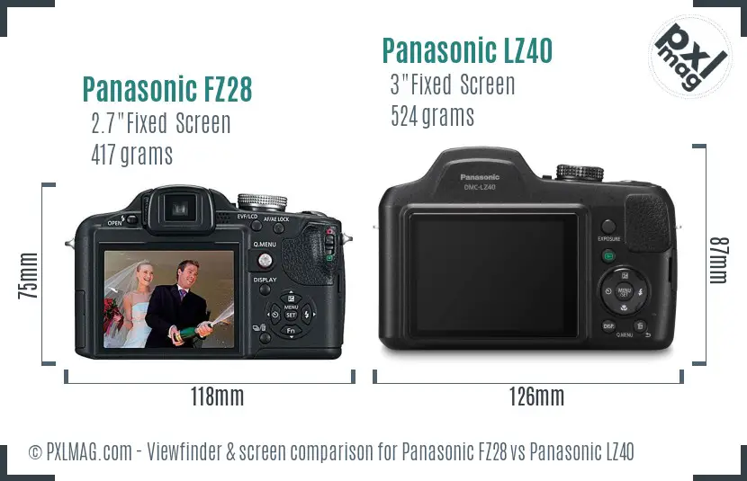 Panasonic FZ28 vs Panasonic LZ40 Screen and Viewfinder comparison