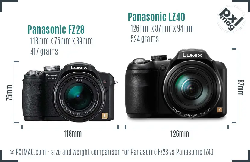 Panasonic FZ28 vs Panasonic LZ40 size comparison