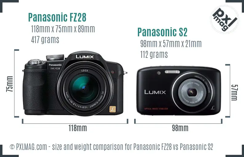 Panasonic FZ28 vs Panasonic S2 size comparison