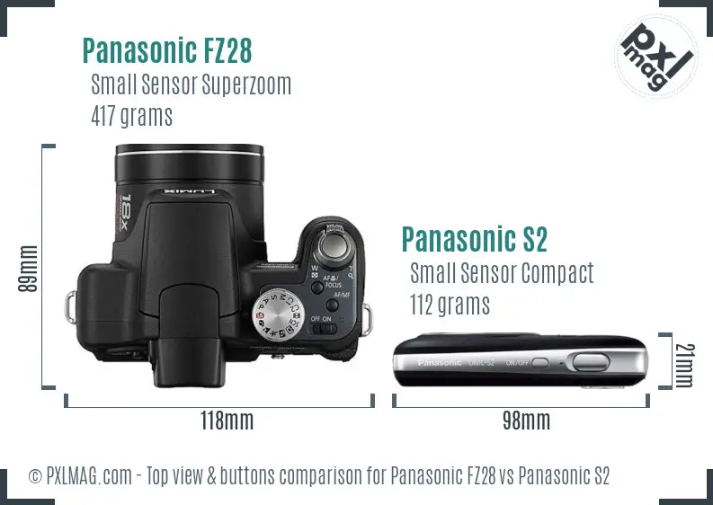 Panasonic FZ28 vs Panasonic S2 top view buttons comparison