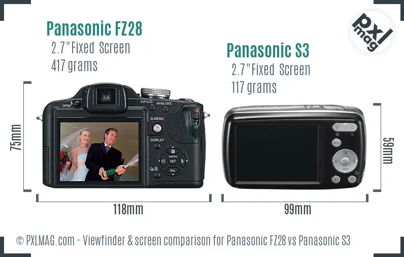 Panasonic FZ28 vs Panasonic S3 Screen and Viewfinder comparison