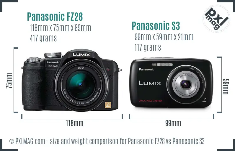 Panasonic FZ28 vs Panasonic S3 size comparison