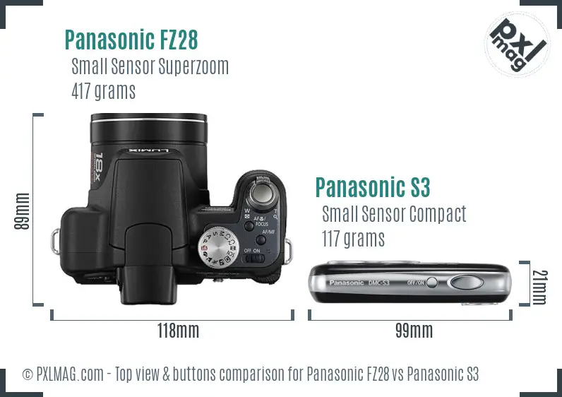 Panasonic FZ28 vs Panasonic S3 top view buttons comparison