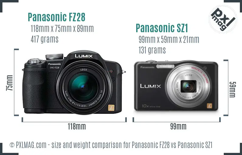 Panasonic FZ28 vs Panasonic SZ1 size comparison