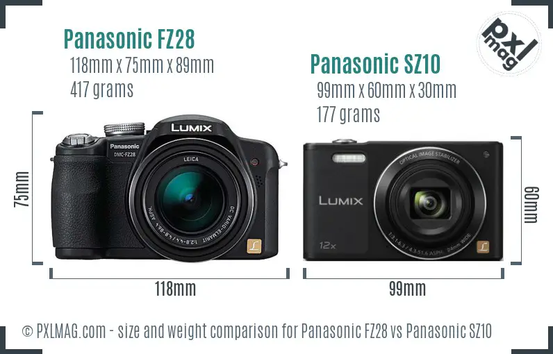 Panasonic FZ28 vs Panasonic SZ10 size comparison