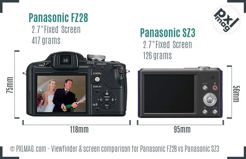 Panasonic FZ28 vs Panasonic SZ3 Screen and Viewfinder comparison