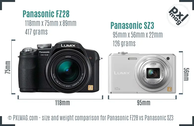 Panasonic FZ28 vs Panasonic SZ3 size comparison