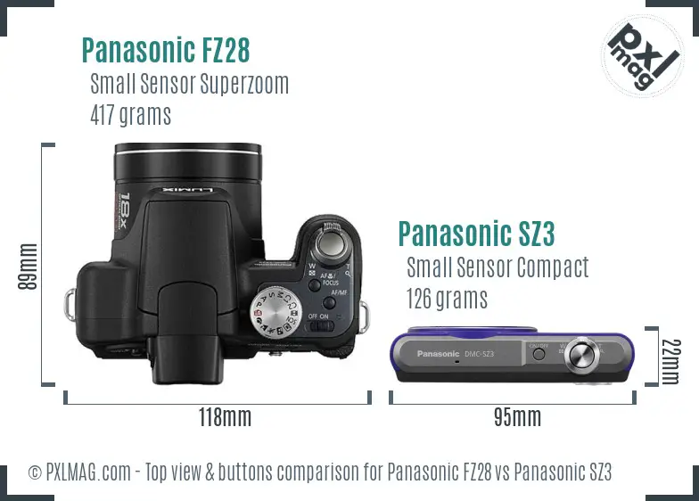 Panasonic FZ28 vs Panasonic SZ3 top view buttons comparison