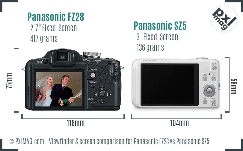 Panasonic FZ28 vs Panasonic SZ5 Screen and Viewfinder comparison