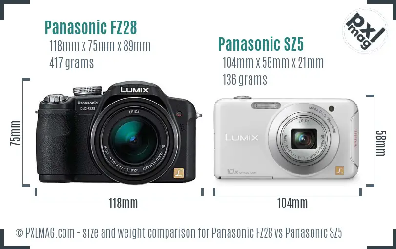 Panasonic FZ28 vs Panasonic SZ5 size comparison