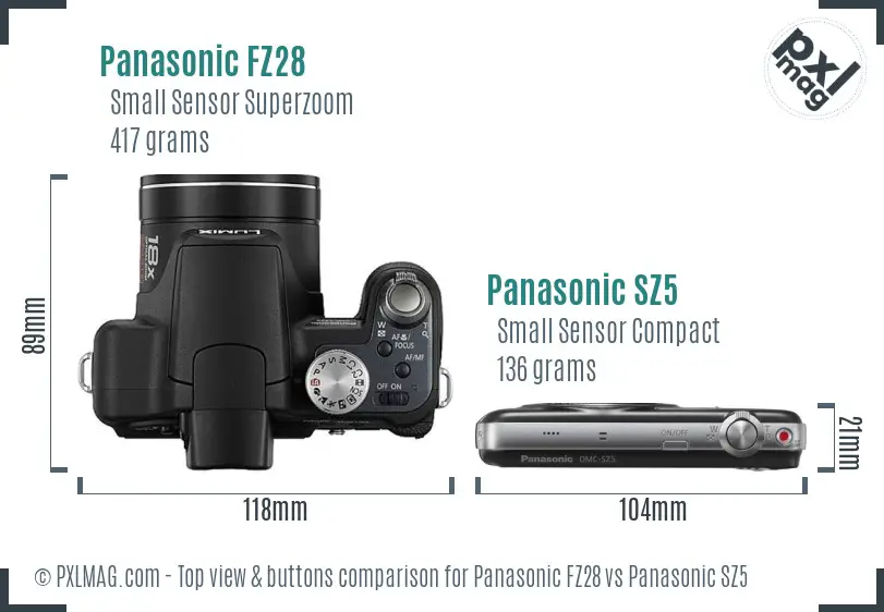 Panasonic FZ28 vs Panasonic SZ5 top view buttons comparison
