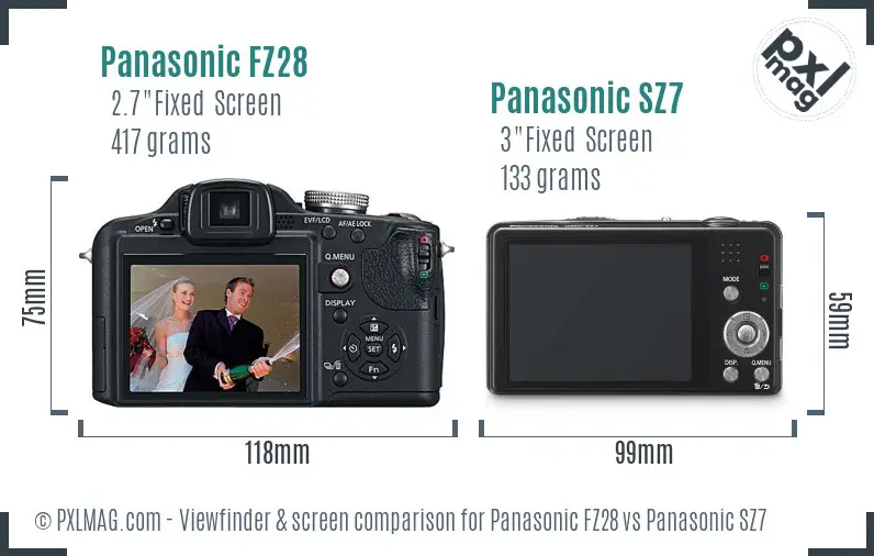 Panasonic FZ28 vs Panasonic SZ7 Screen and Viewfinder comparison