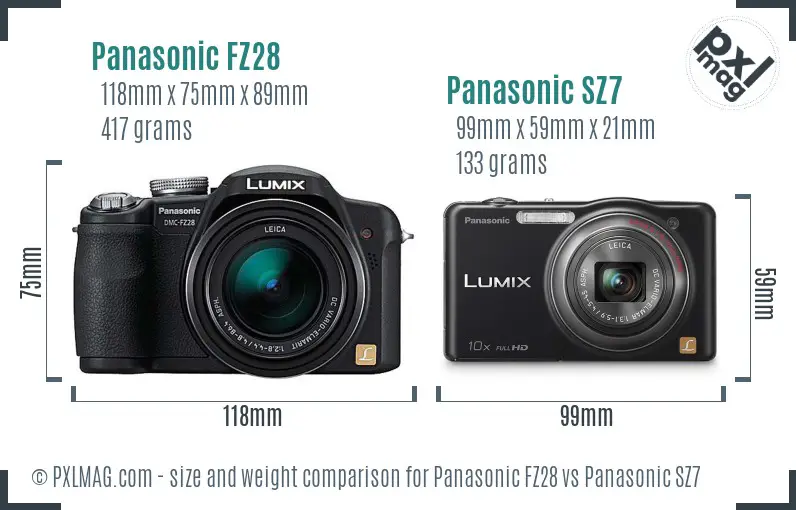 Panasonic FZ28 vs Panasonic SZ7 size comparison