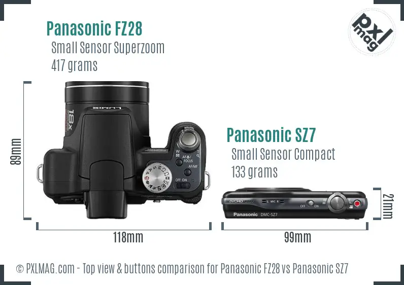 Panasonic FZ28 vs Panasonic SZ7 top view buttons comparison