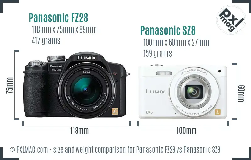 Panasonic FZ28 vs Panasonic SZ8 size comparison