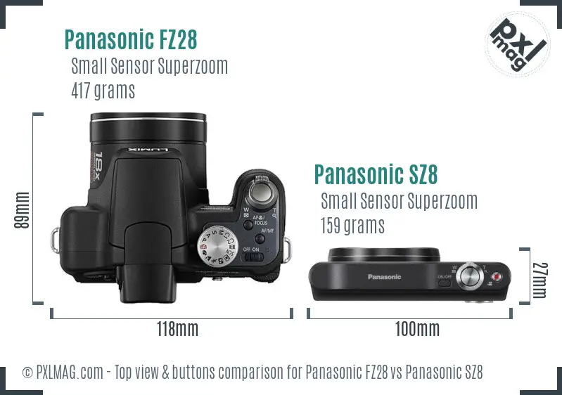 Panasonic FZ28 vs Panasonic SZ8 top view buttons comparison