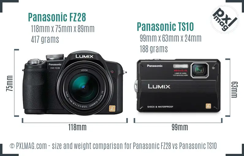 Panasonic FZ28 vs Panasonic TS10 size comparison