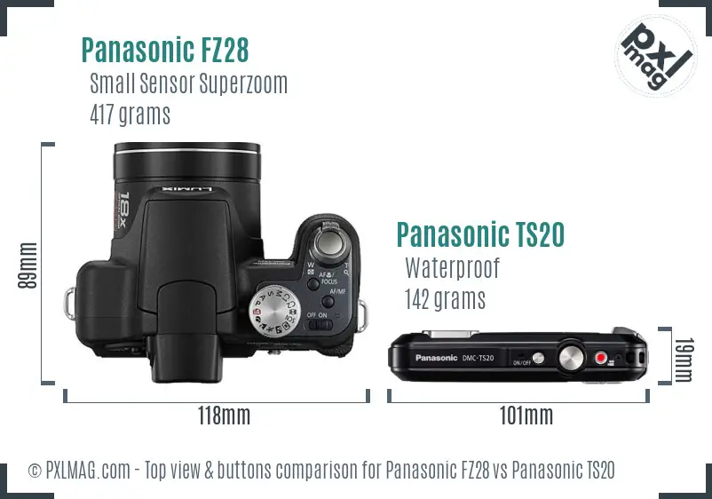 Panasonic FZ28 vs Panasonic TS20 top view buttons comparison