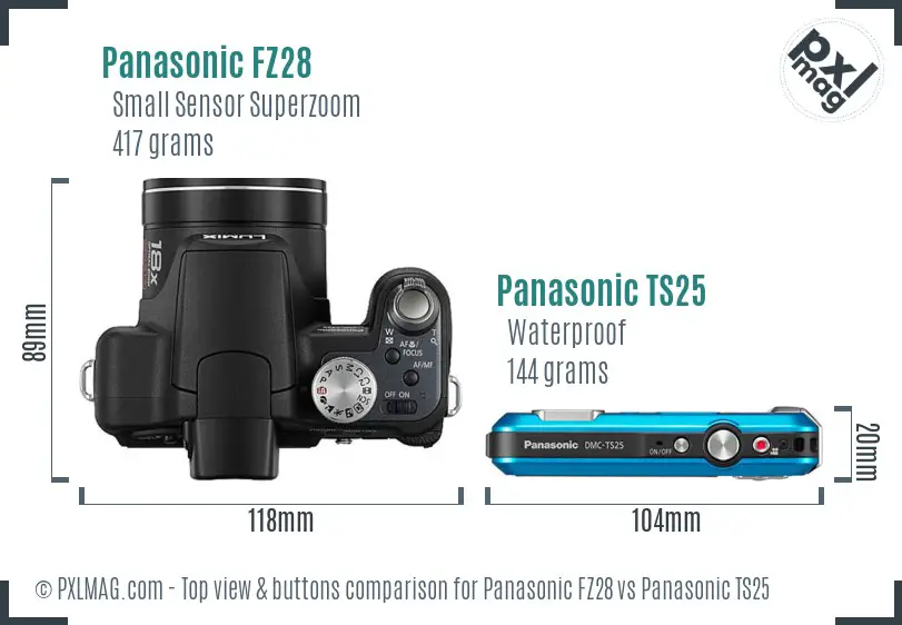 Panasonic FZ28 vs Panasonic TS25 top view buttons comparison