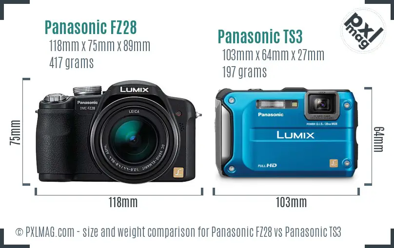 Panasonic FZ28 vs Panasonic TS3 size comparison