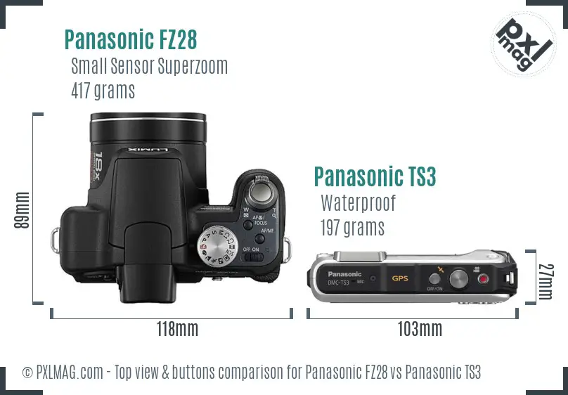 Panasonic FZ28 vs Panasonic TS3 top view buttons comparison