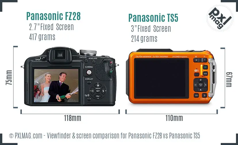 Panasonic FZ28 vs Panasonic TS5 Screen and Viewfinder comparison