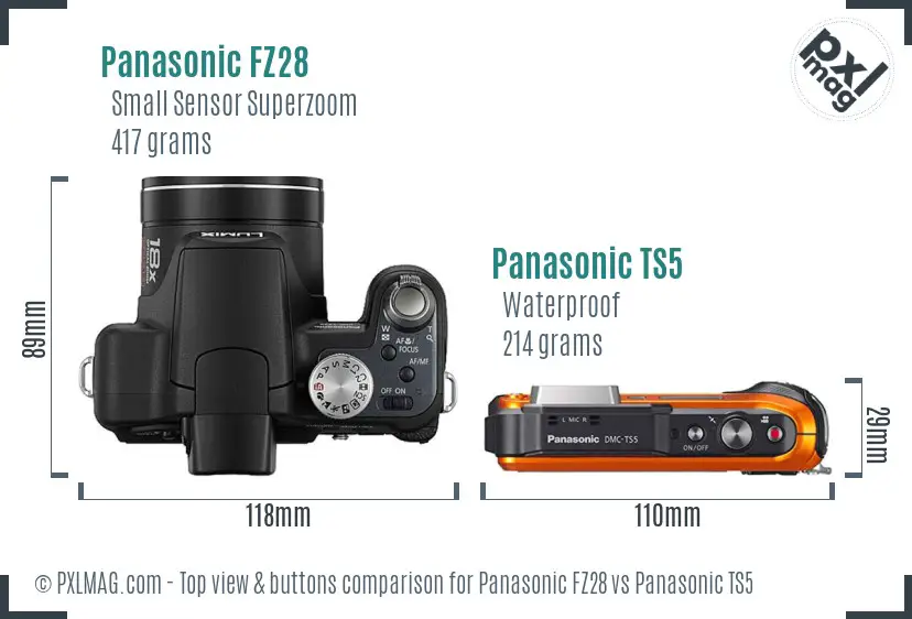 Panasonic FZ28 vs Panasonic TS5 top view buttons comparison